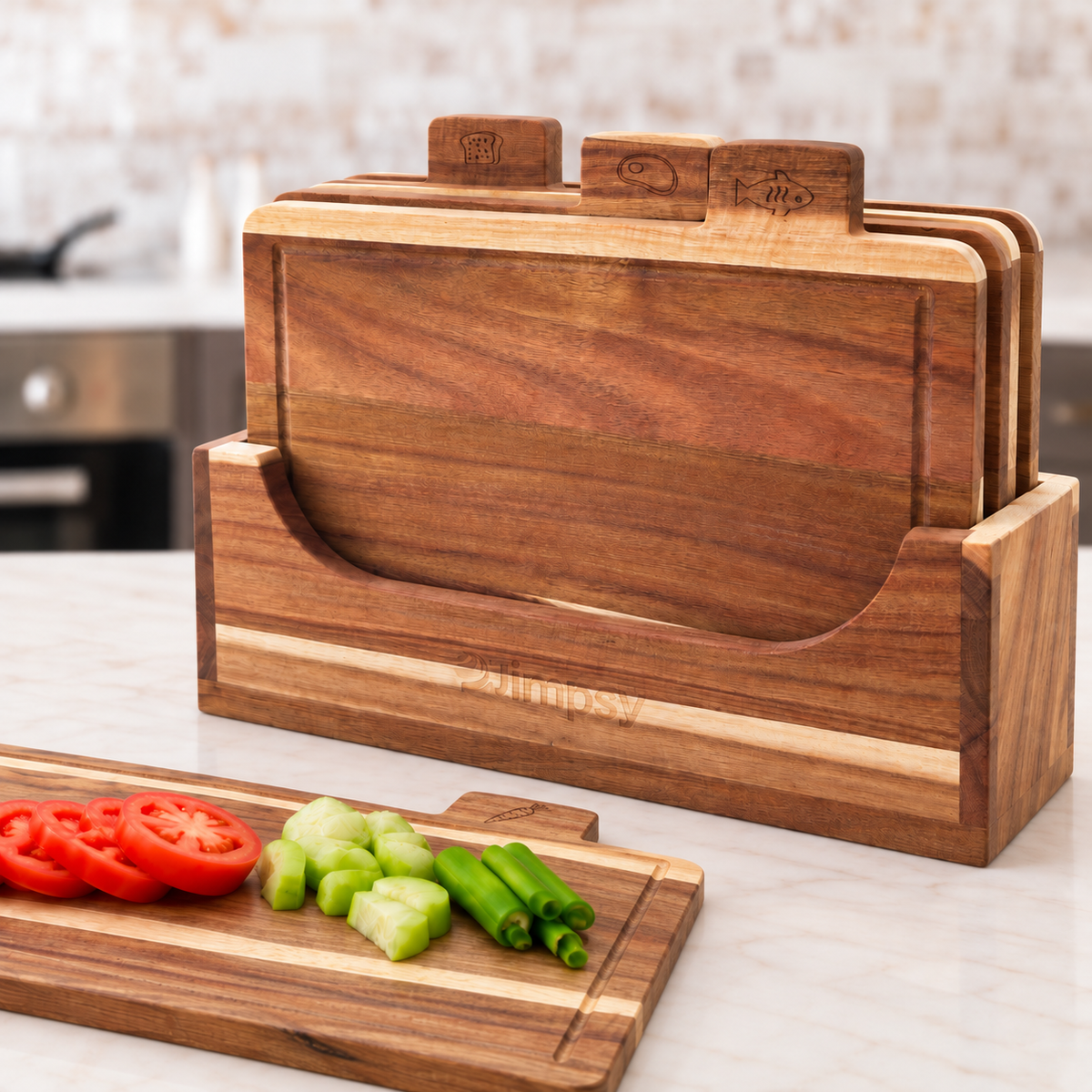 Acacia Wood Chopping Board Set of 4 with Storage Stand & Food Tabs