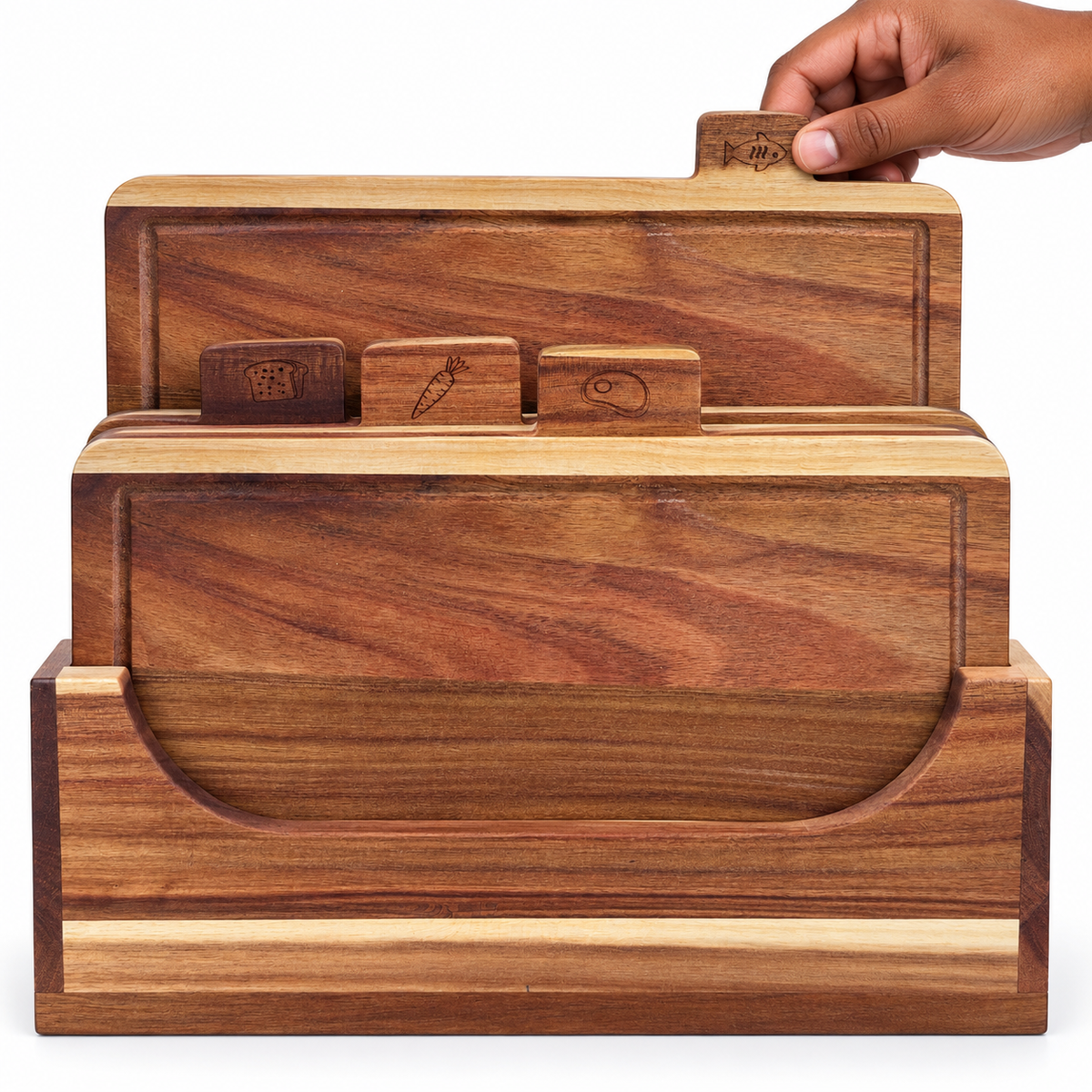 Acacia Wood Chopping Board Set of 4 with Storage Stand & Food Tabs