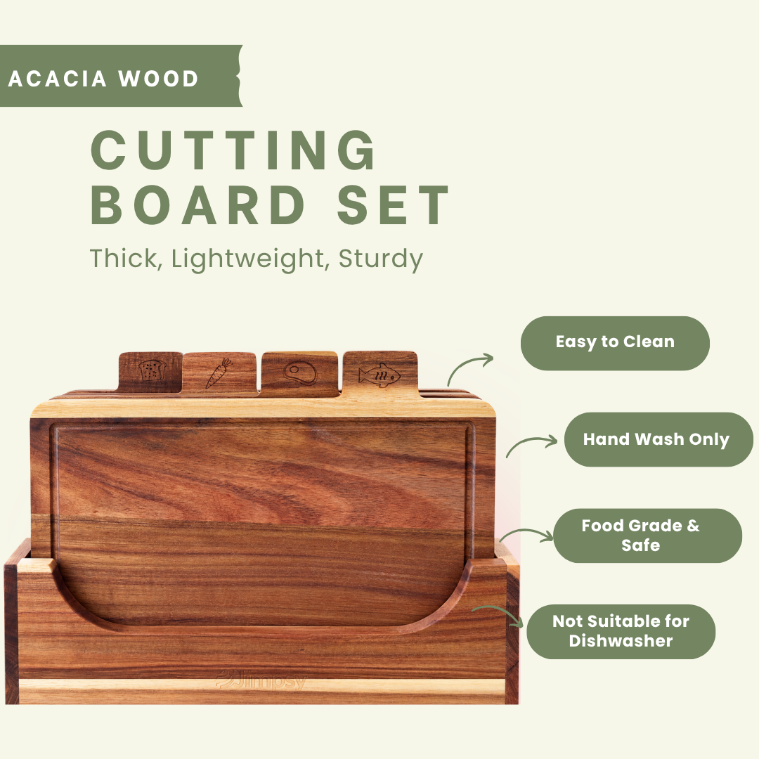 Acacia Wood Chopping Board Set of 4 with Storage Stand & Food Tabs