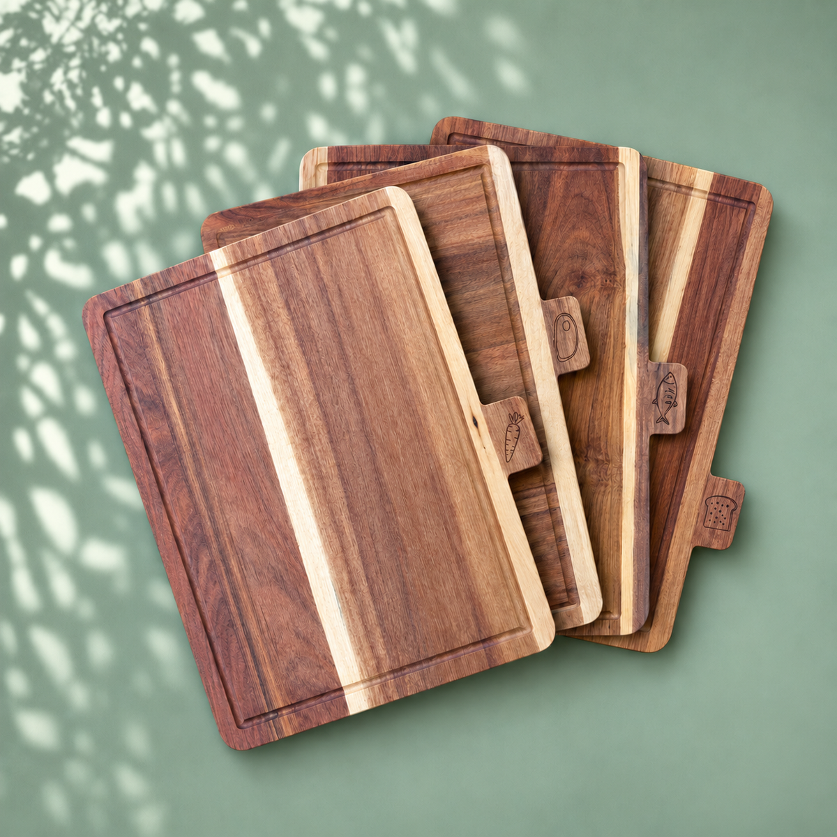 Acacia Wood Chopping Board Set of 4 with Storage Stand & Food Tabs