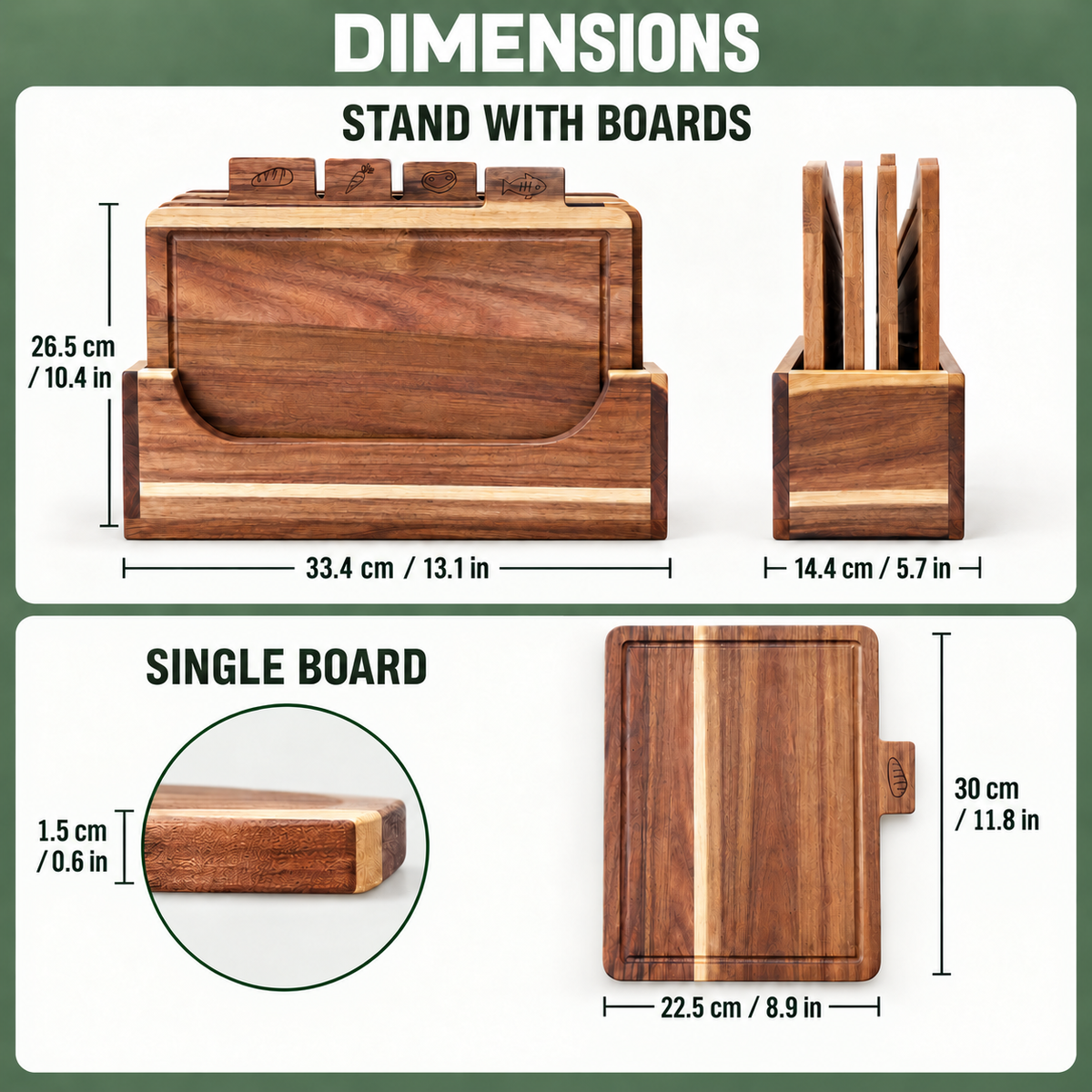 Acacia Wood Chopping Board Set of 4 with Storage Stand & Food Tabs