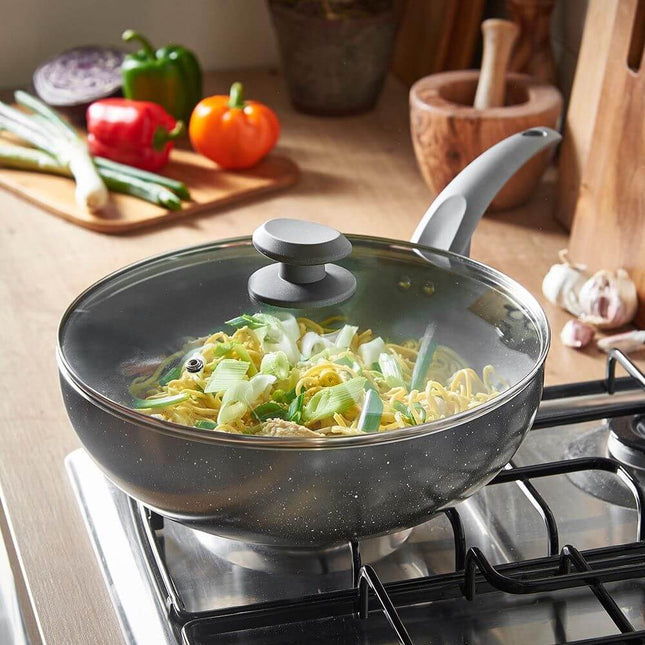 VonShef 28cm Marble Wok – Non-Stick Aluminium Stir Fry Pan with Lid