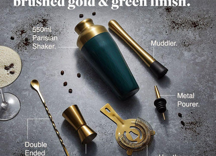VonShef Parisian Green & Gold Cocktail Shaker Set – 6 Piece Bartender Kit