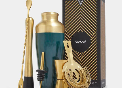 VonShef Parisian Green & Gold Cocktail Shaker Set – 6 Piece Bartender Kit