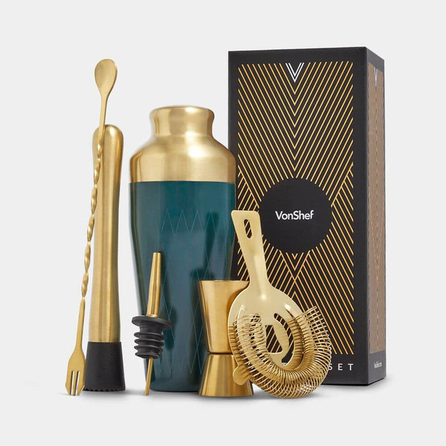 VonShef Parisian Green & Gold Cocktail Shaker Set – 6 Piece Bartender Kit