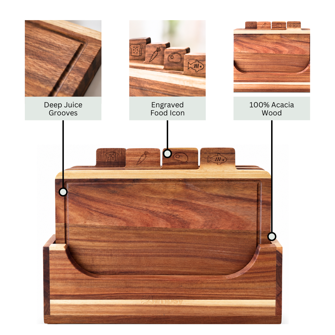 Acacia Wood Chopping Board Set of 4 with Storage Stand & Food Tabs