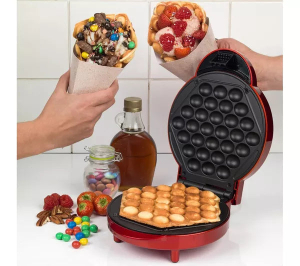 Giles & Posner Bubble Waffle Maker – Red, Non-Stick Plates, Cool-Touch Handle, 1000W
