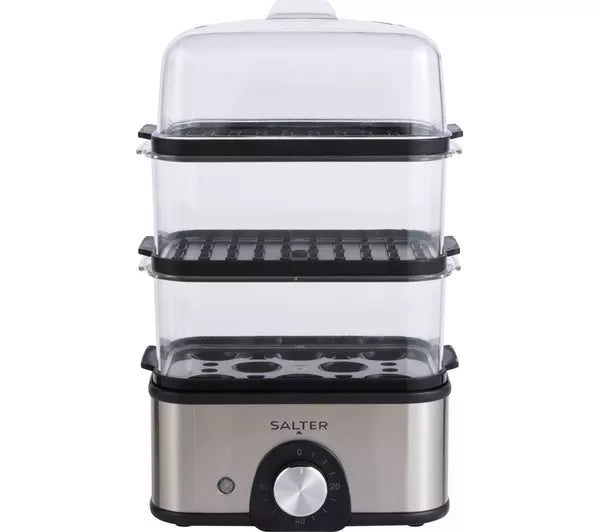 Salter EK5885 Compact 3-Tier Food Steamer – Stainless Steel & Black, 3L