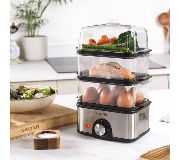 Salter EK5885 Compact 3-Tier Food Steamer – Stainless Steel & Black, 3L