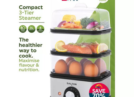 Salter EK5885 Compact 3-Tier Food Steamer – Stainless Steel & Black, 3L