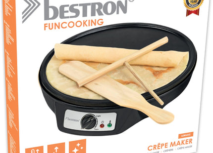 Bestron Crepe Maker – 30cm Non-Stick Pancake & Omelette Plate with Spatula & Batter Spreader, 1000W, Indicator Light – Black