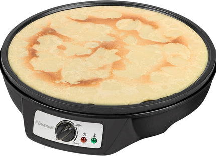 Bestron Crepe Maker – 30cm Non-Stick Pancake & Omelette Plate with Spatula & Batter Spreader, 1000W, Indicator Light – Black