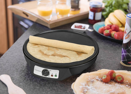 Bestron Crepe Maker – 30cm Non-Stick Pancake & Omelette Plate with Spatula & Batter Spreader, 1000W, Indicator Light – Black
