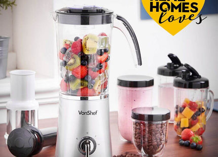 VonShef 4-in-1 Blender & Smoothie Maker, with 2 Speeds & Pulse Function – Silver