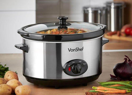VonShef 6.5L Slow Cooker – Stainless Steel Large Capacity Ceramic Pot