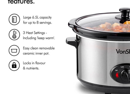 VonShef 6.5L Slow Cooker – Stainless Steel Large Capacity Ceramic Pot