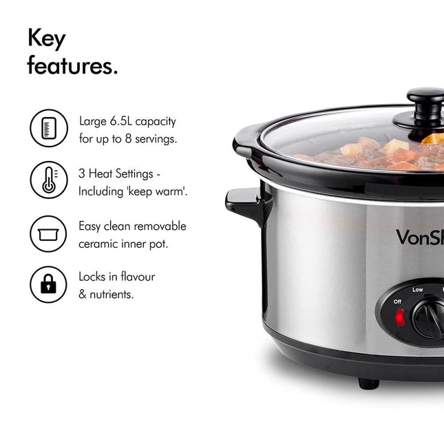 VonShef 6.5L Slow Cooker – Stainless Steel Large Capacity Ceramic Pot