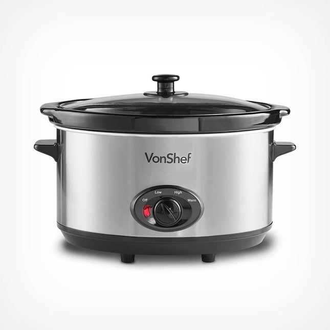 VonShef 6.5L Slow Cooker – Stainless Steel Large Capacity Ceramic Pot