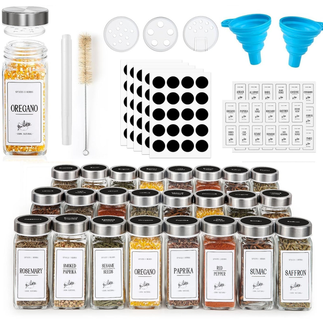 Xsiuyue 25 Pack Square Spice Jars Set – 4oz Glass Spice Bottles