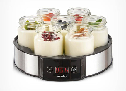 VonShef Digital Yoghurt Maker – 7 Glass Jars, Stainless Steel Design