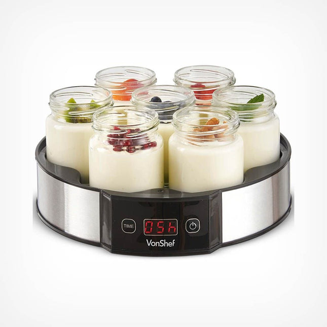 VonShef Digital Yoghurt Maker – 7 Glass Jars, Stainless Steel Design