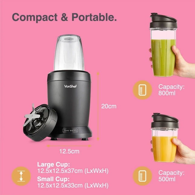 VonShef UltraBlend Smoothie Maker – 1000W Blender with 800ml & 500ml Cups