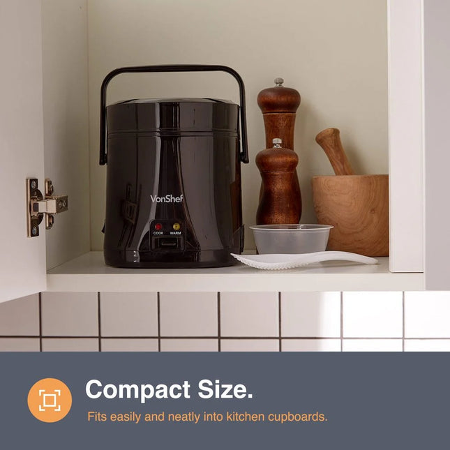 VonShef Small Rice Cooker 0.3L – Compact Electric Steamer - Black