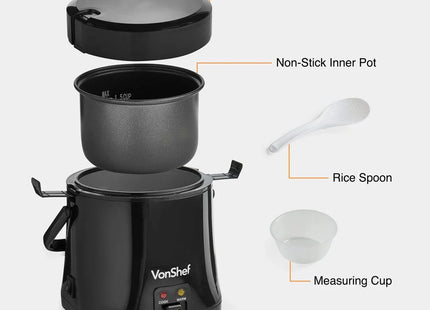 VonShef Small Rice Cooker 0.3L – Compact Electric Steamer - Black