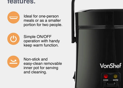 VonShef Small Rice Cooker 0.3L – Compact Electric Steamer - Black