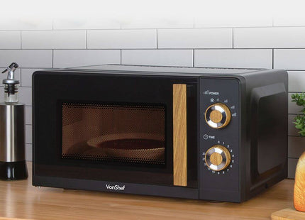 VonShef Fika Microwave – 20L Compact Microwave, 700W, Black & Wood Effect