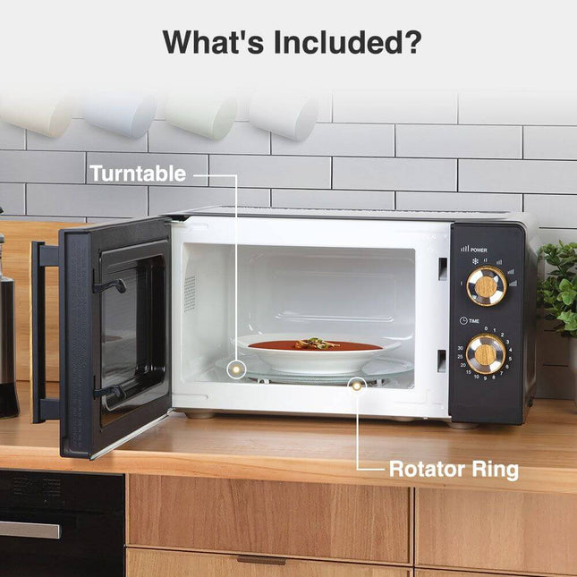 VonShef Fika Microwave – 20L Compact Microwave, 700W, Black & Wood Effect