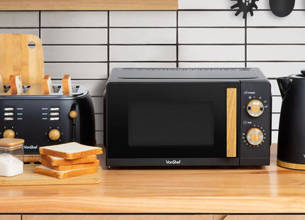 VonShef Fika Microwave – 20L Compact Microwave, 700W, Black & Wood Effect