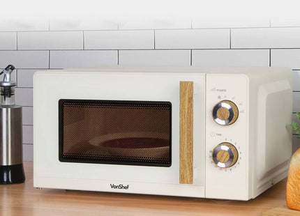 VonShef Fika Microwave – 20L Compact Microwave, 700W, Cream & Wood Effect