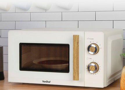 VonShef Fika Microwave – 20L Compact Microwave, 700W, Cream & Wood Effect