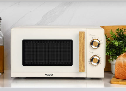 VonShef Fika Microwave – 20L Compact Microwave, 700W, Cream & Wood Effect