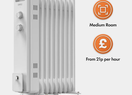 VonShef 9 Fin Oil Filled Radiator 2000W – Overheat Protection – White