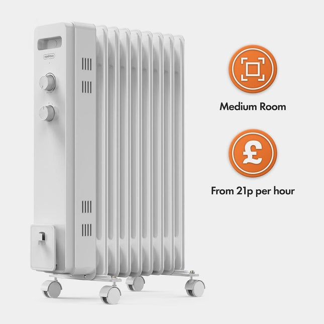 VonShef 9 Fin Oil Filled Radiator 2000W – Overheat Protection – White