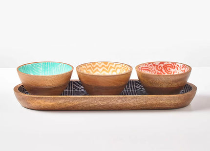Mesa Wooden Bowl and Tray Set – 4 Piece Mango Wood Serving Set, 3 Bowls + 1 Tray