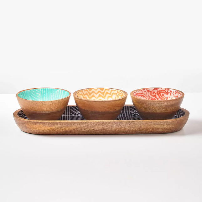 Mesa Wooden Bowl and Tray Set – 4 Piece Mango Wood Serving Set, 3 Bowls + 1 Tray