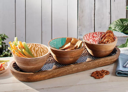 Mesa Wooden Bowl and Tray Set – 4 Piece Mango Wood Serving Set, 3 Bowls + 1 Tray