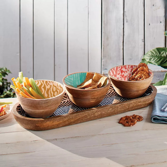 Mesa Wooden Bowl and Tray Set – 4 Piece Mango Wood Serving Set, 3 Bowls + 1 Tray