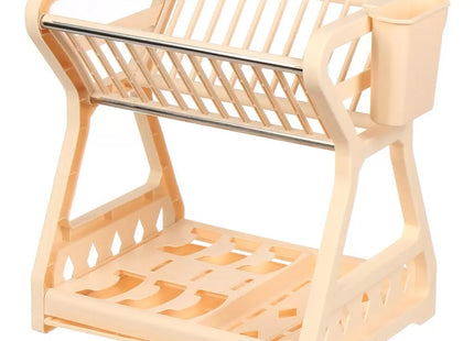 2-Tier Multifunctional Plastic Dish Drain Rack with Removable Drip – Beige