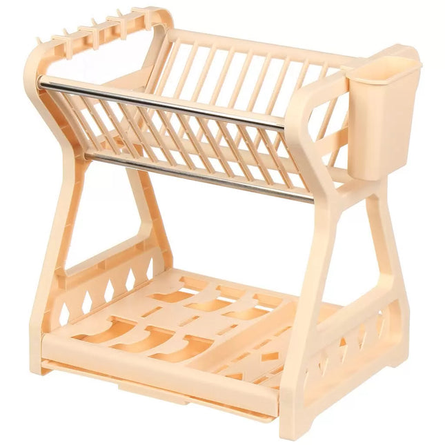 2-Tier Multifunctional Plastic Dish Drain Rack with Removable Drip – Beige