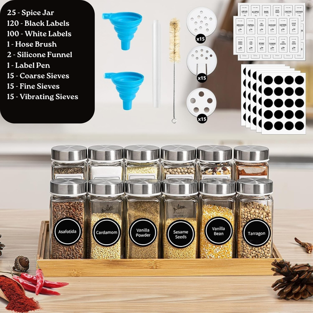 Xsiuyue 25 Pack Square Spice Jars Set – 4oz Glass Spice Bottles