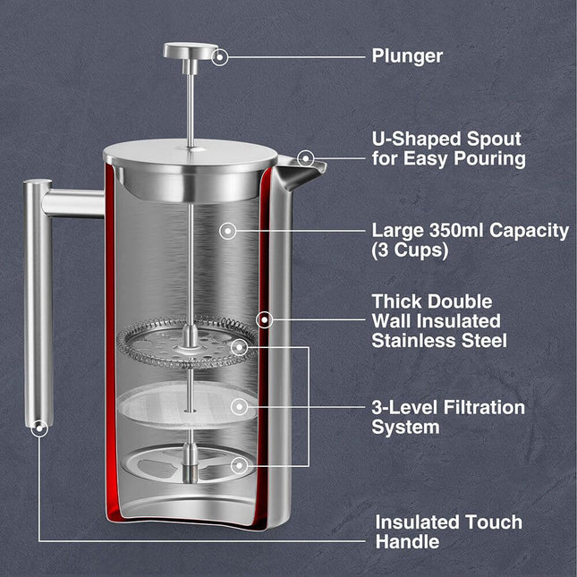 VonShef 3 Cup Cafetiere with Spoon – 350ml French Press Coffee Maker