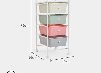VonHaus 4-Drawer Pastel Storage Trolley with Chrome Frame & 360° Wheels