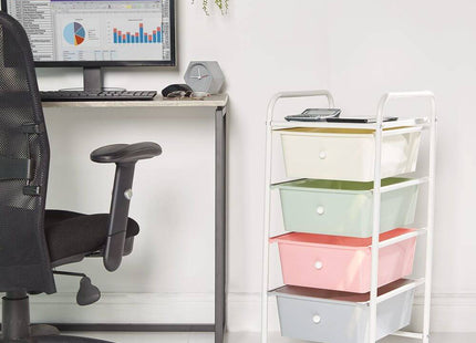 VonHaus 4-Drawer Pastel Storage Trolley with Chrome Frame & 360° Wheels