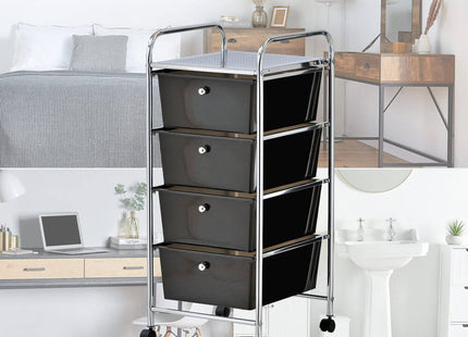 VonHaus 4 Drawer Storage Trolley – Black Wheeled Organiser with Chrome Frame