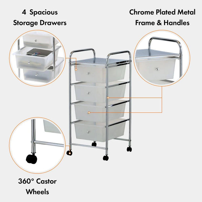 VonHaus 4 Drawer Storage Trolley Organiser with Chrome Frame - White