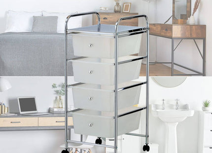 VonHaus 4 Drawer Storage Trolley Organiser with Chrome Frame - White